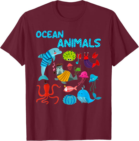 Ocean Animals Marine Creatures under the Sea T-Shirt - T-Shirt | Maroon