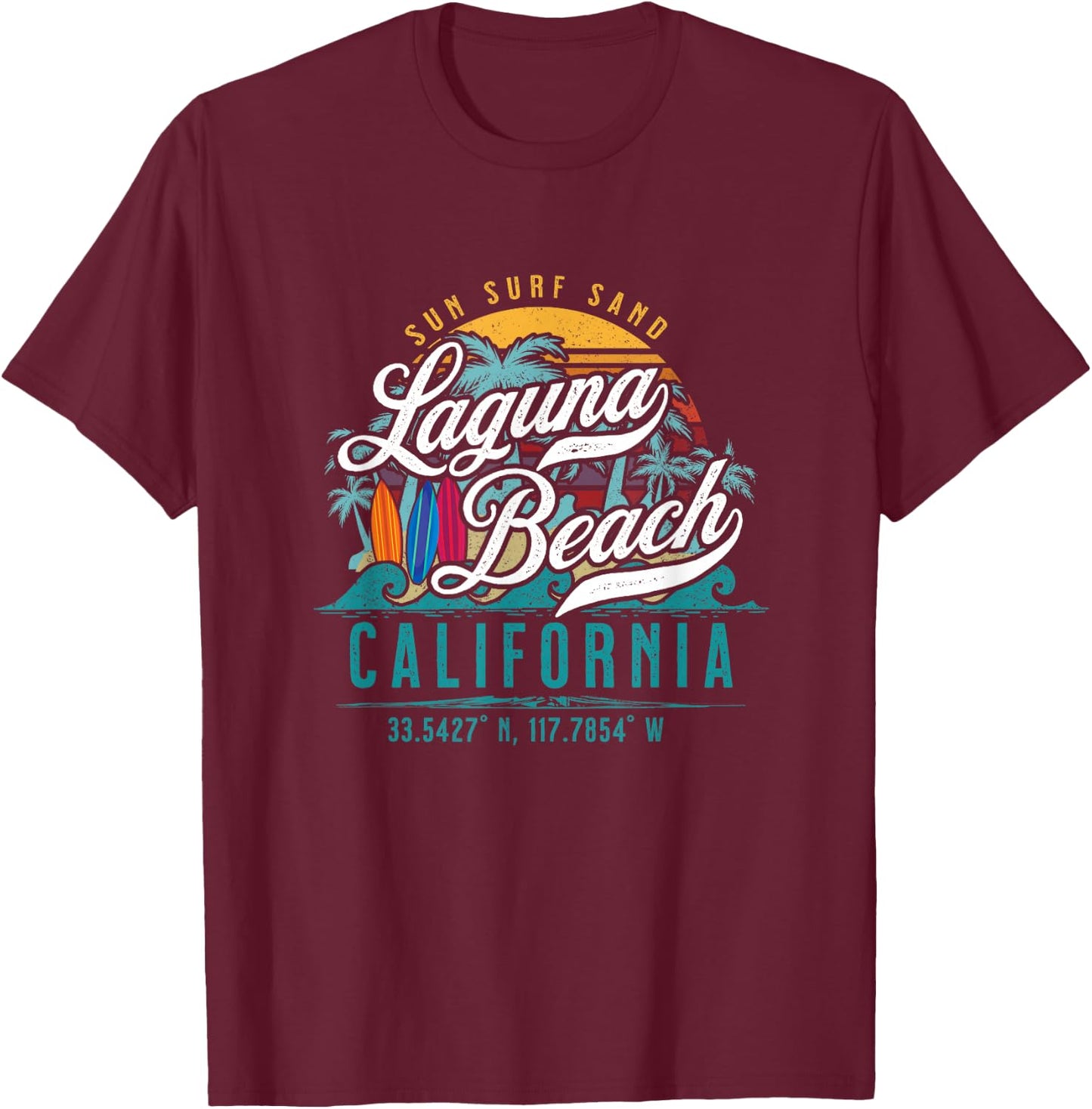Laguna Beach California USA Retro Sun Sand Surf Palm Trees T-Shirt - T-Shirt | Maroon