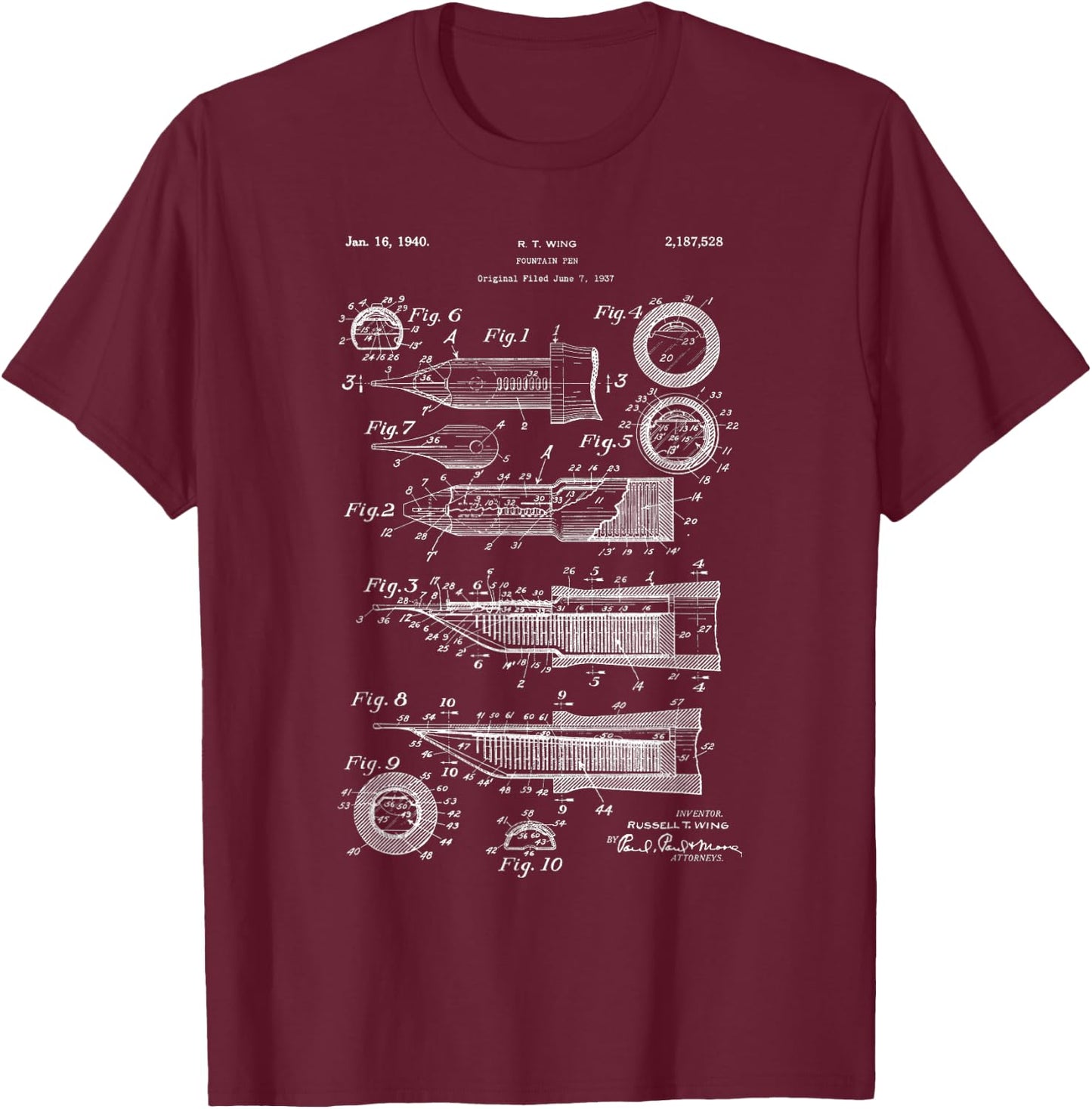 Vintage Patent Drawing Fountain Pen T-Shirt - T-Shirt | Maroon