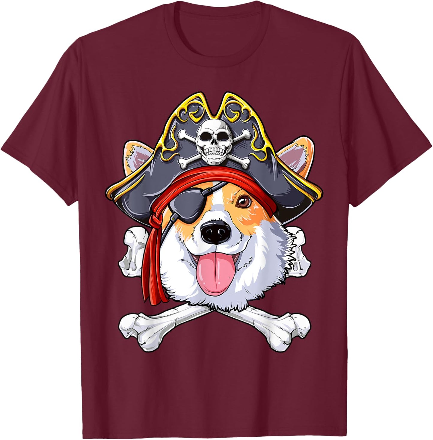 Corgi Pirate T shirt Jolly Roger Flag Skull and Crossbones T-Shirt - T-Shirt | Maroon