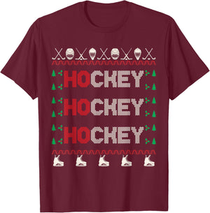 Ho Ho Ho Hockey Ugly Christmas Sweater T-Shirt - T-Shirt | Maroon