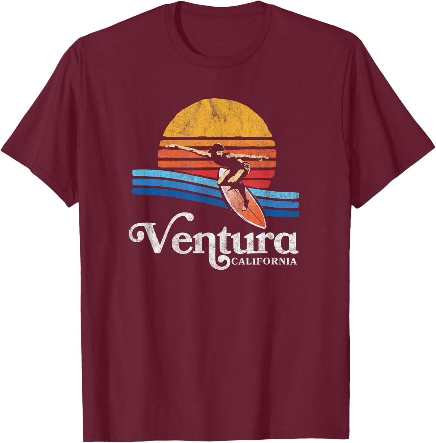 Retro Ventura California Eighties Beach Bum Surfer Graphic T-Shirt - T-Shirt | Maroon