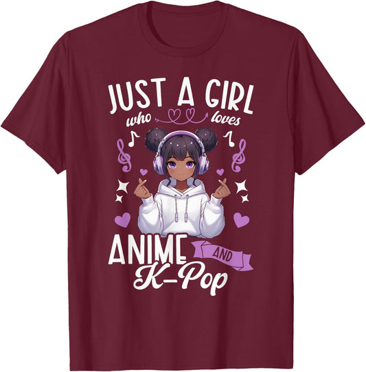 Just A Girl Who Loves Anime and K-Pop African American Afro T-Shirt - T-Shirt | Maroon