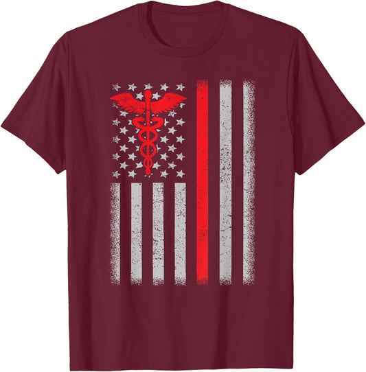 Nurse Thin Red Line Caduceus American Flag T-Shirt - T-Shirt | Maroon