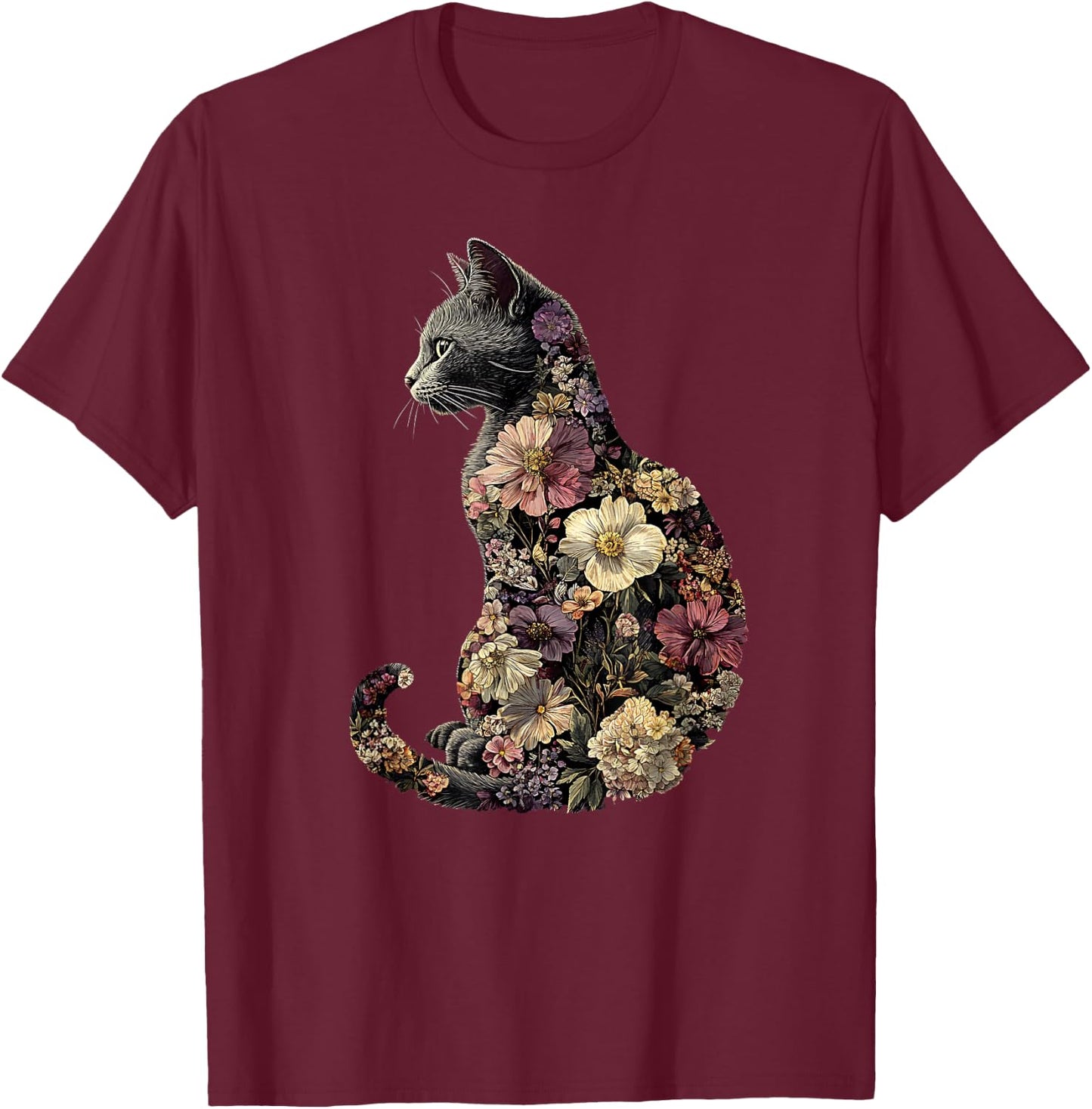 Floral Cat T-Shirt - T-Shirt | Maroon