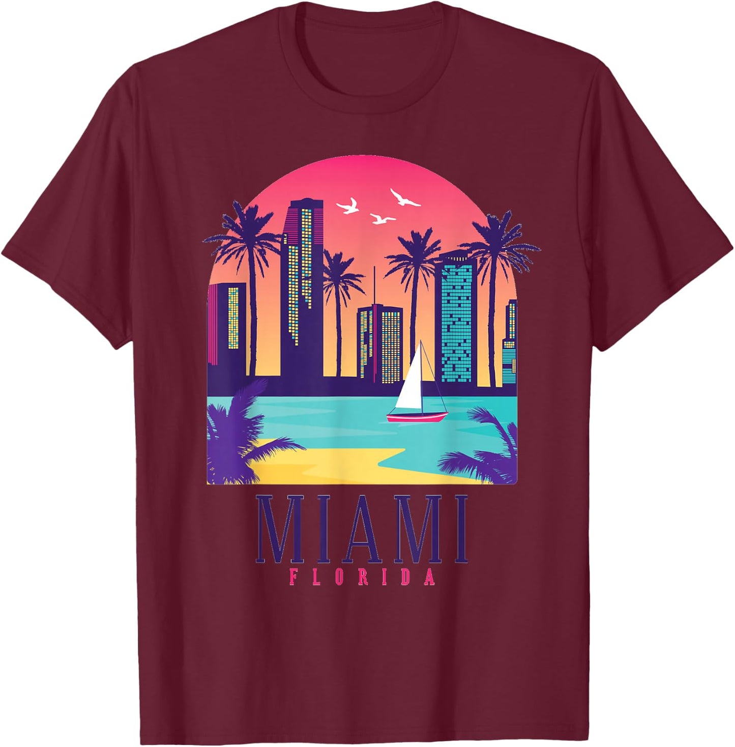 Miami Florida Vintage Retro USA America Souvenir Gift T-Shirt - T-Shirt | Maroon