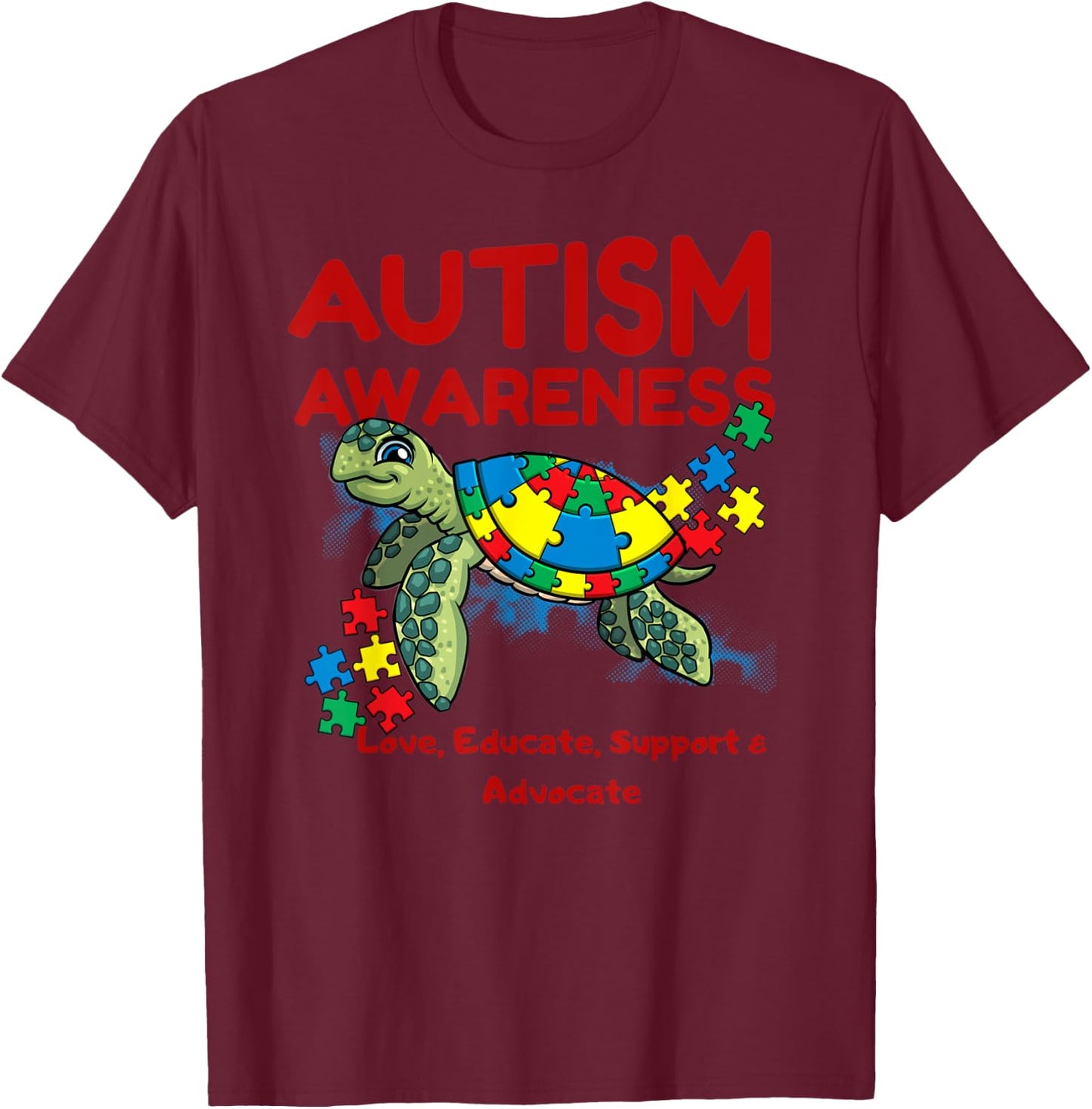 Autism Awareness Turtle Puzzle Mom Kids Teacher Gift Love T-Shirt - T-Shirt | Maroon