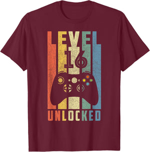 Level 16 Unlocked 16th Video Gamer Birthday Boy Gifts T-Shirt - T-Shirt | Maroon