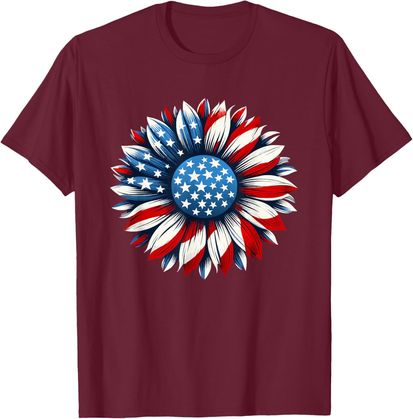 Sunflower American Flag 4th of July Men Women T-Shirt - T-Shirt | Maroon