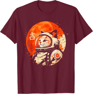 Lucky Space Cat Astronaut Japanese Kanji Cosmic T-Shirt - T-Shirt | Maroon