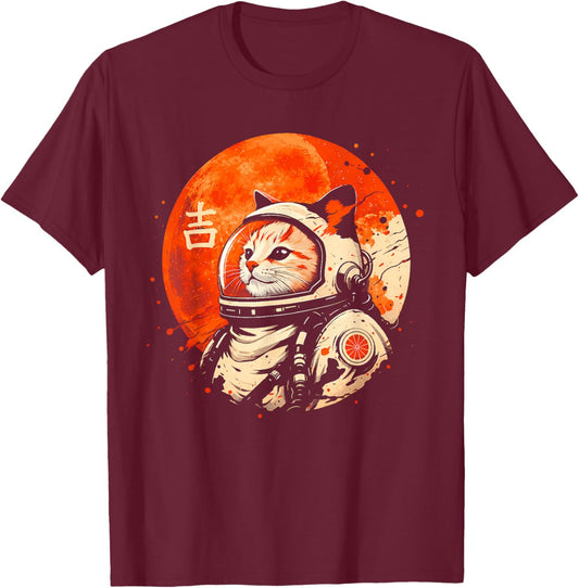 Lucky Space Cat Astronaut Japanese Kanji Cosmic T-Shirt - T-Shirt | Maroon