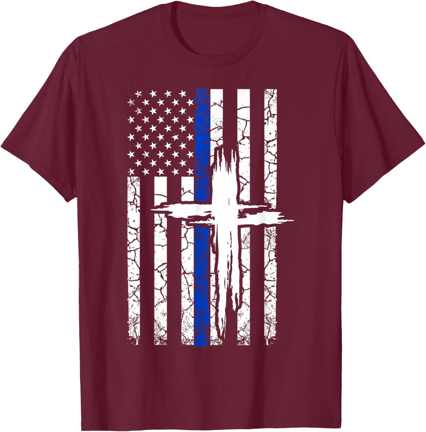 Thin Blue Line T Shirt with a Cross for Policemen & Families T-Shirt - T-Shirt | Maroon