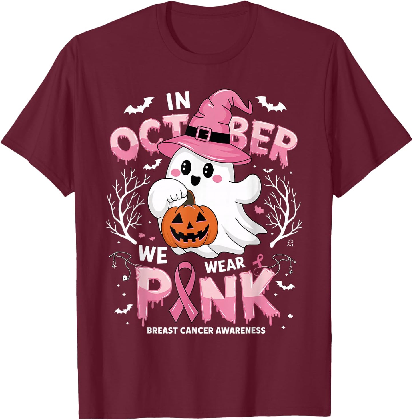 In October We Wear Pink shirt Ghost Breast Cancer Awareness T-Shirt - T-Shirt | Maroon