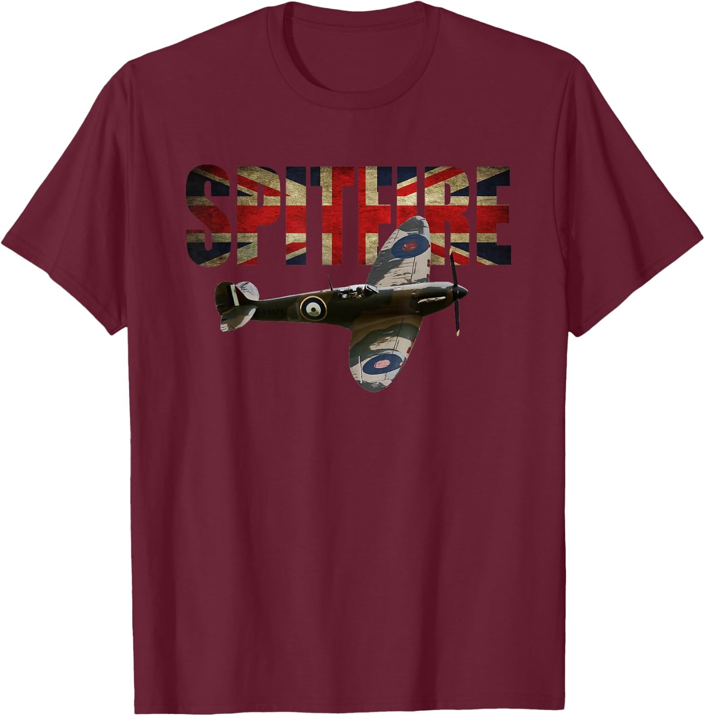 Spitfire Raf Supermarine Ww2 Fighter Plane Union Jack T-Shirt - T-Shirt | Maroon