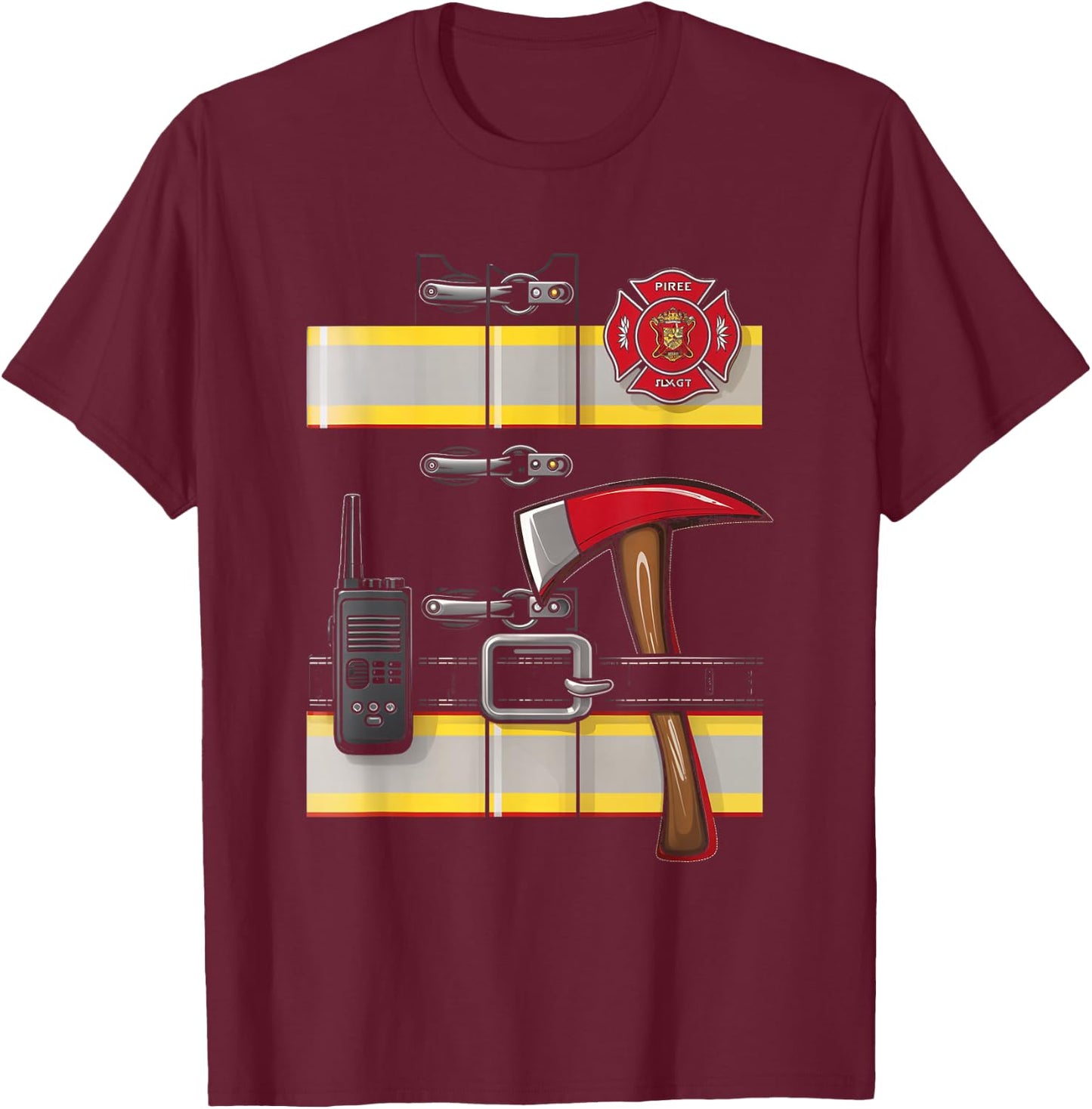 Firefighter Costume Fireman Uniform Axe Radio Halloween T-Shirt - T-Shirt | Maroon