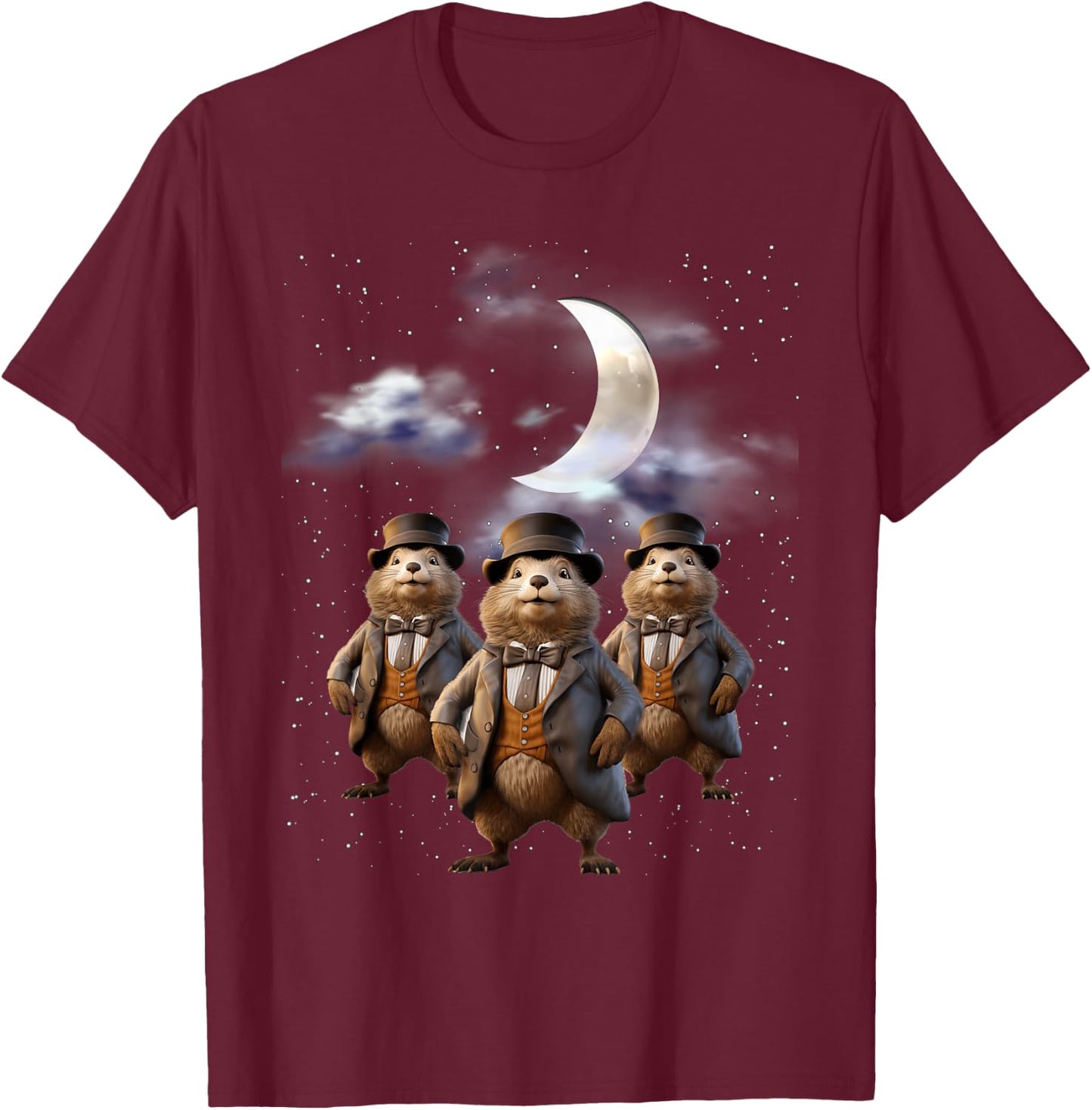 Funny Three Groundhog Moon 3 Groundhog Head Groundhog Day T-Shirt - T-Shirt | Maroon