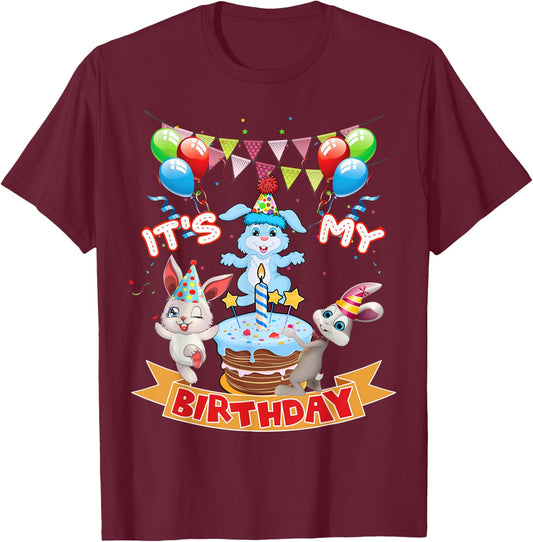 Cute It's My Birthday Bunny Rabbit Party Day Girls and Boys T-Shirt - T-Shirt | Maroon