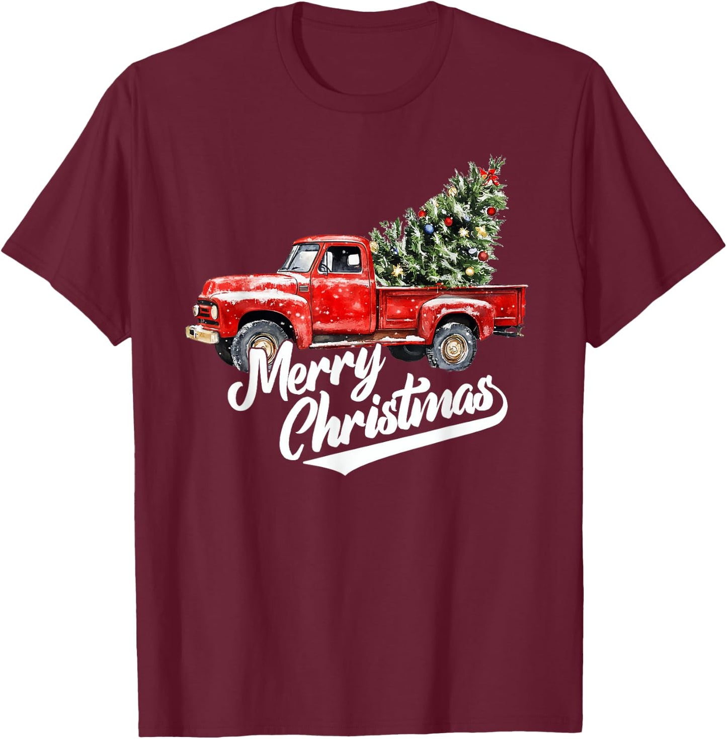 Red Pickup Truck Christmas Tree Vintage old men T-Shirt - T-Shirt | Maroon