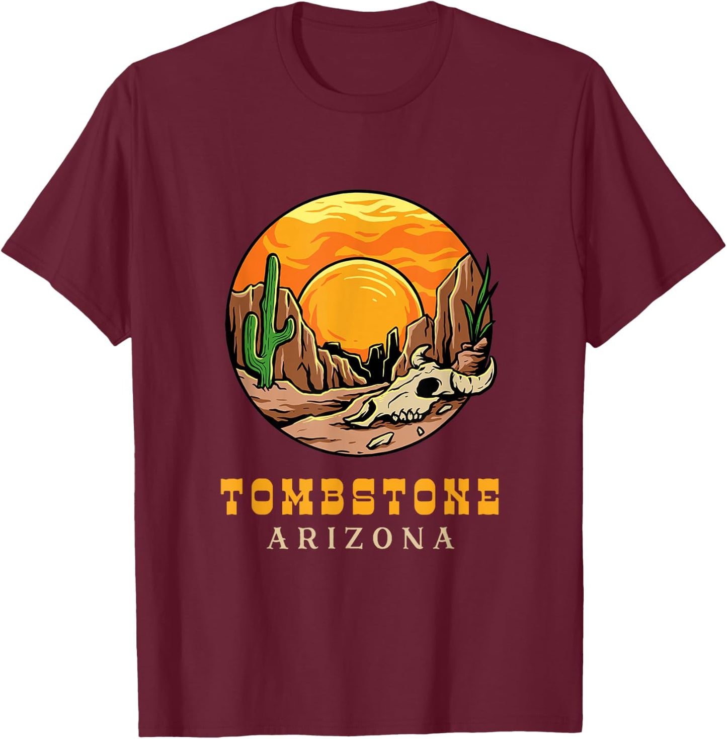 Tombstone Arizona Retro Cactus and Sun T-Shirt - T-Shirt | Maroon
