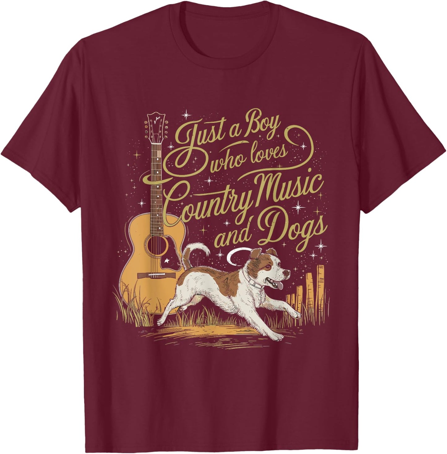 Just A Boy Who Loves Country Music And Dogs T-Shirt - T-Shirt | Maroon