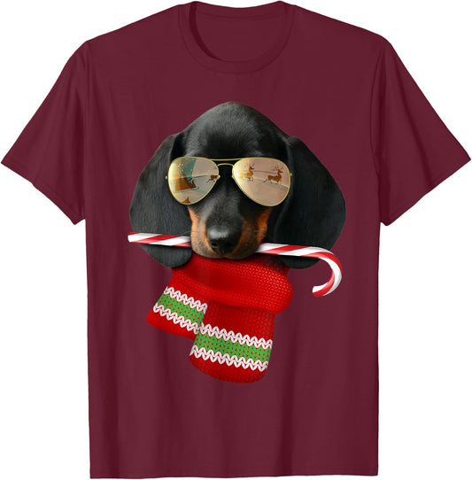 Dachshund shirt Cute Christmas Gift Dog Lovers Sunglasses Women Kids T-Shirt - T-Shirt | Maroon
