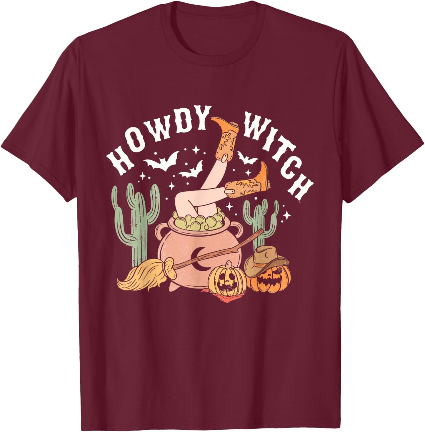 Retro Howdy Witch Western Halloween Pumpkin Cowgirl Outfits T-Shirt - T-Shirt | Maroon