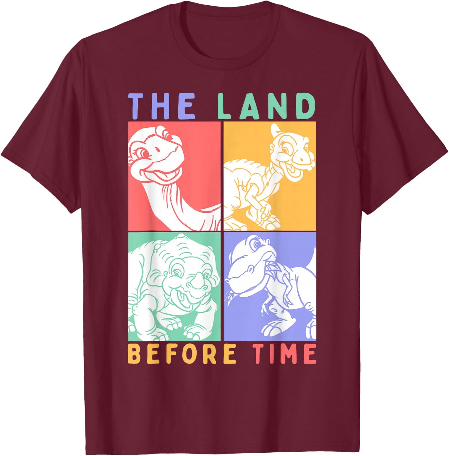 Land Before Time Pastel Stacked Dinosaur Boxes T-Shirt - T-Shirt | Maroon