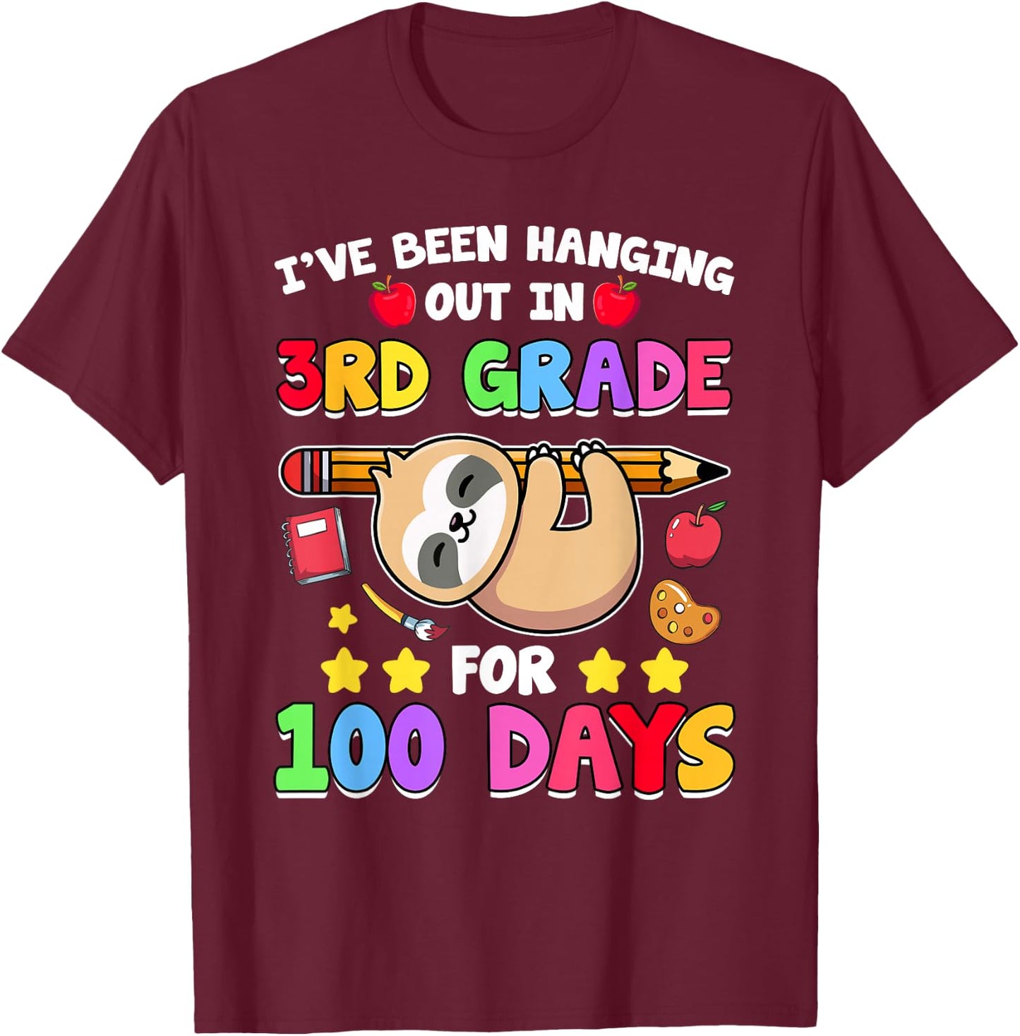 100th Day Of School Sloth Shirt 3rd Grade 100 Days School T-Shirt - T-Shirt | Maroon