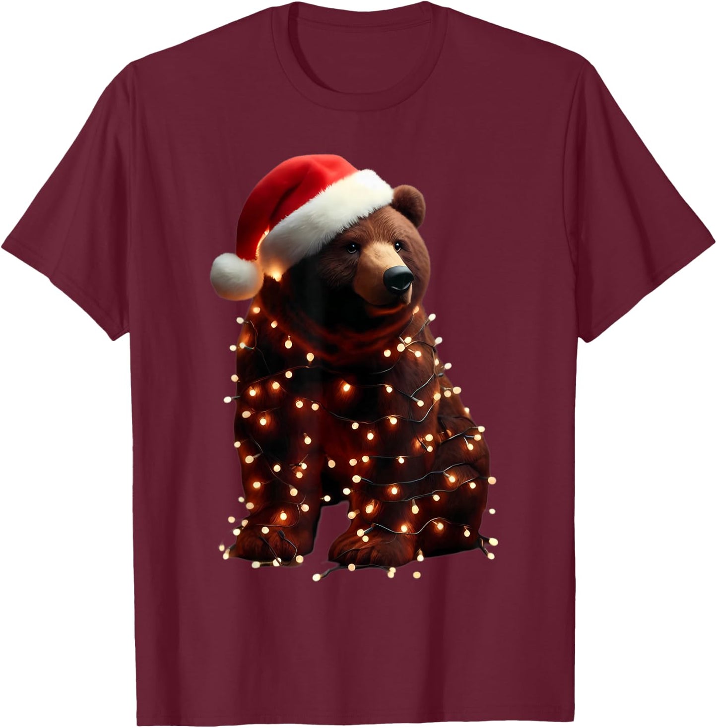 Bear With Santa Hat And Christmas Lights Xmas Brown Bears T-Shirt - T-Shirt | Maroon