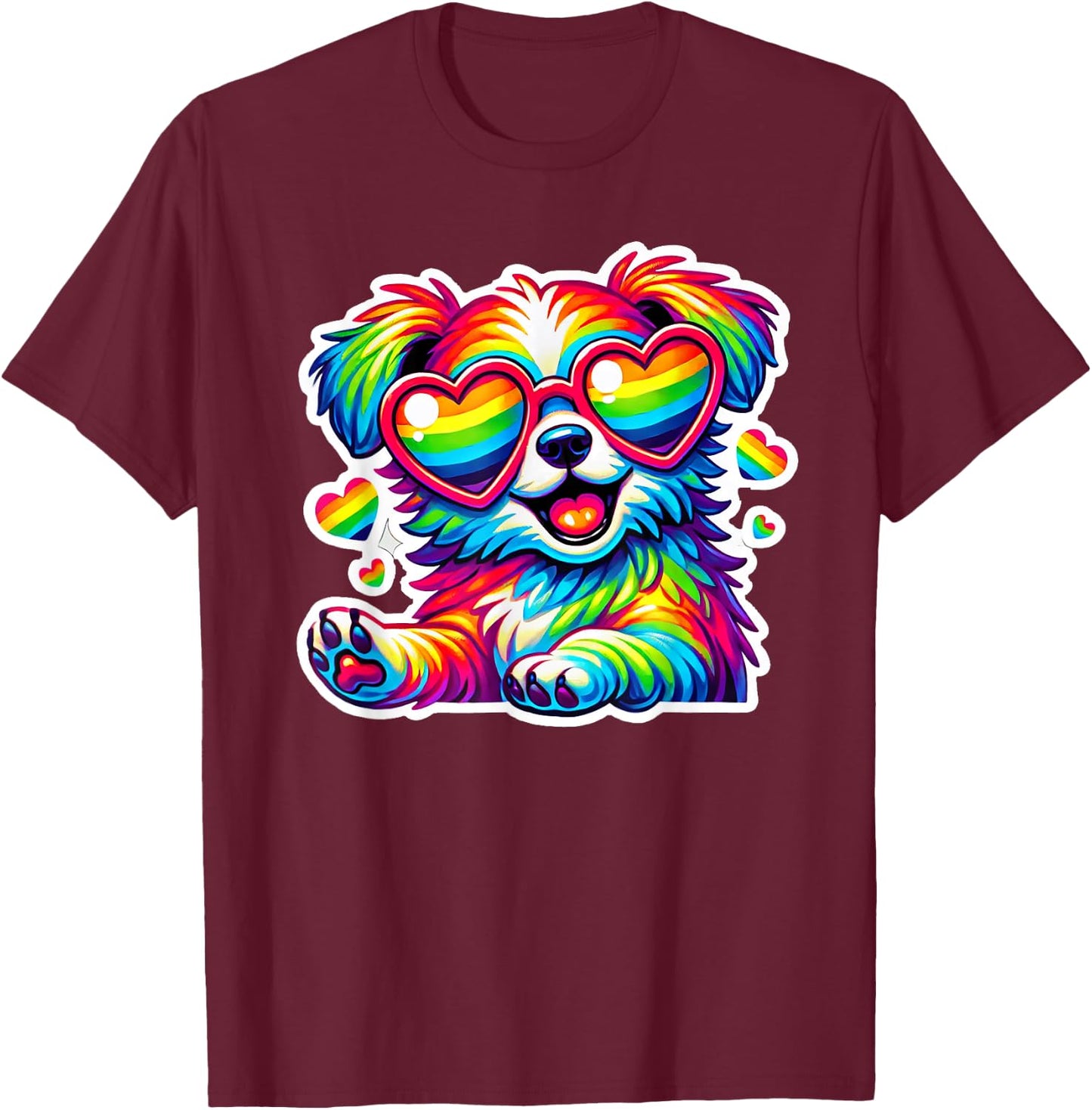 Rainbow Dog with Glasses Heart Cute Puppy Dog Colorful Lover Women Kids T-Shirt - T-Shirt | Maroon