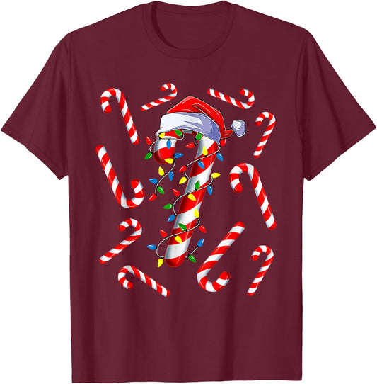 Red And White Candy Cane Santa Christmas Funny Xmas Lights T-Shirt - T-Shirt | Maroon