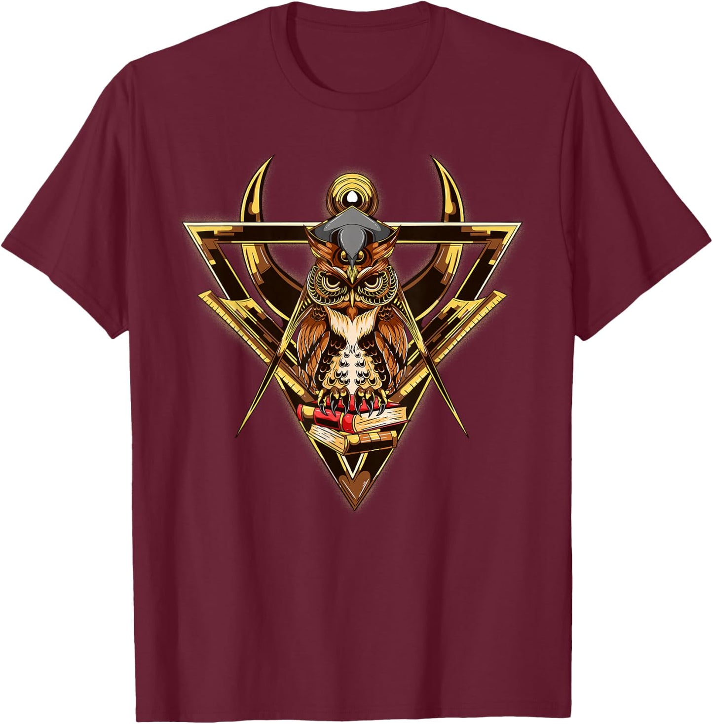 Masonic Mason Square Compass Owl Books T-Shirt - T-Shirt | Maroon