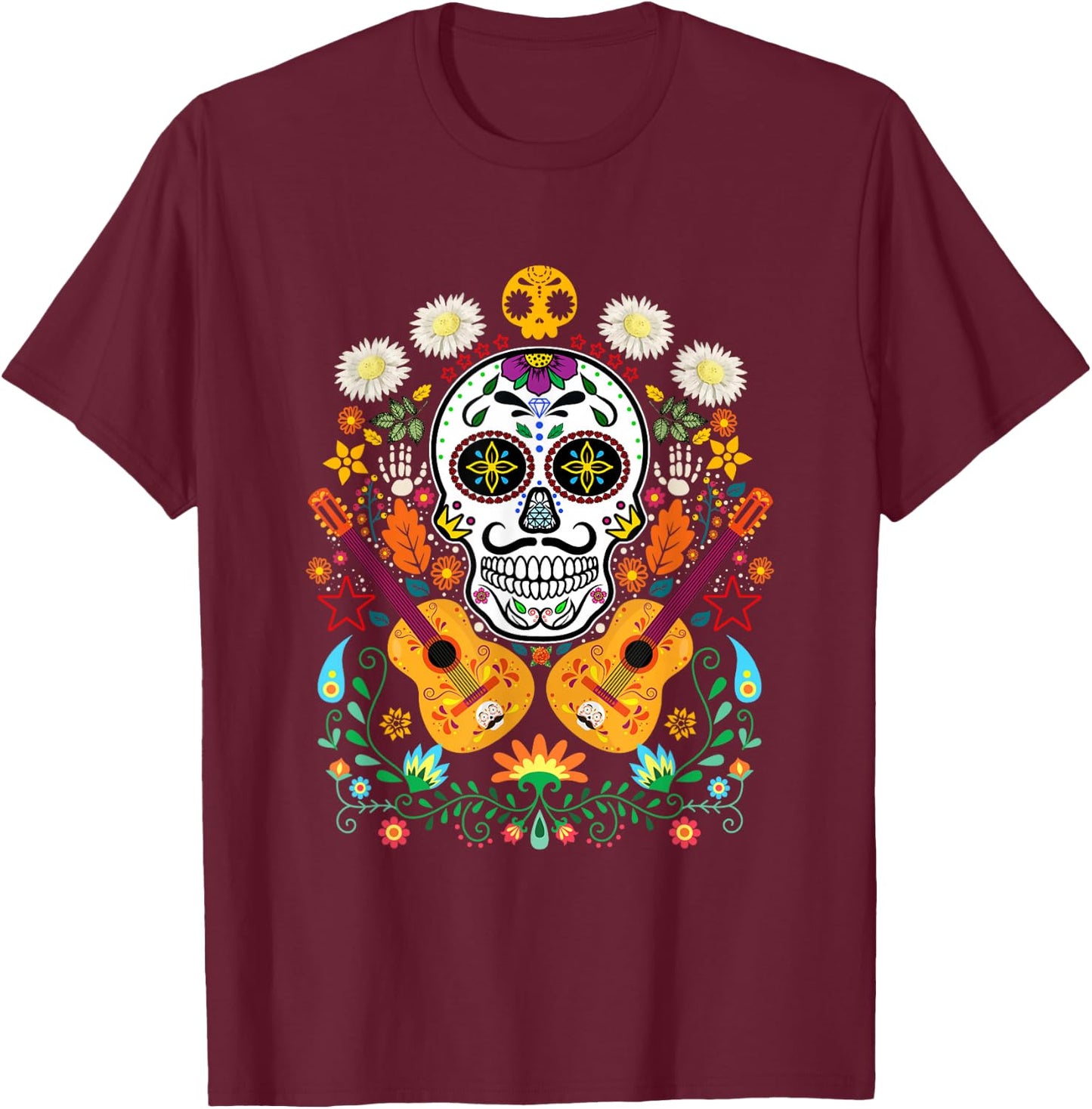 Flower Guitar Skull Day of the Dead Gifts Mariachi T-Shirt - T-Shirt | Maroon