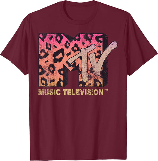 MTV Leopard Print Gradient Logo Small T-Shirt - T-Shirt | Maroon