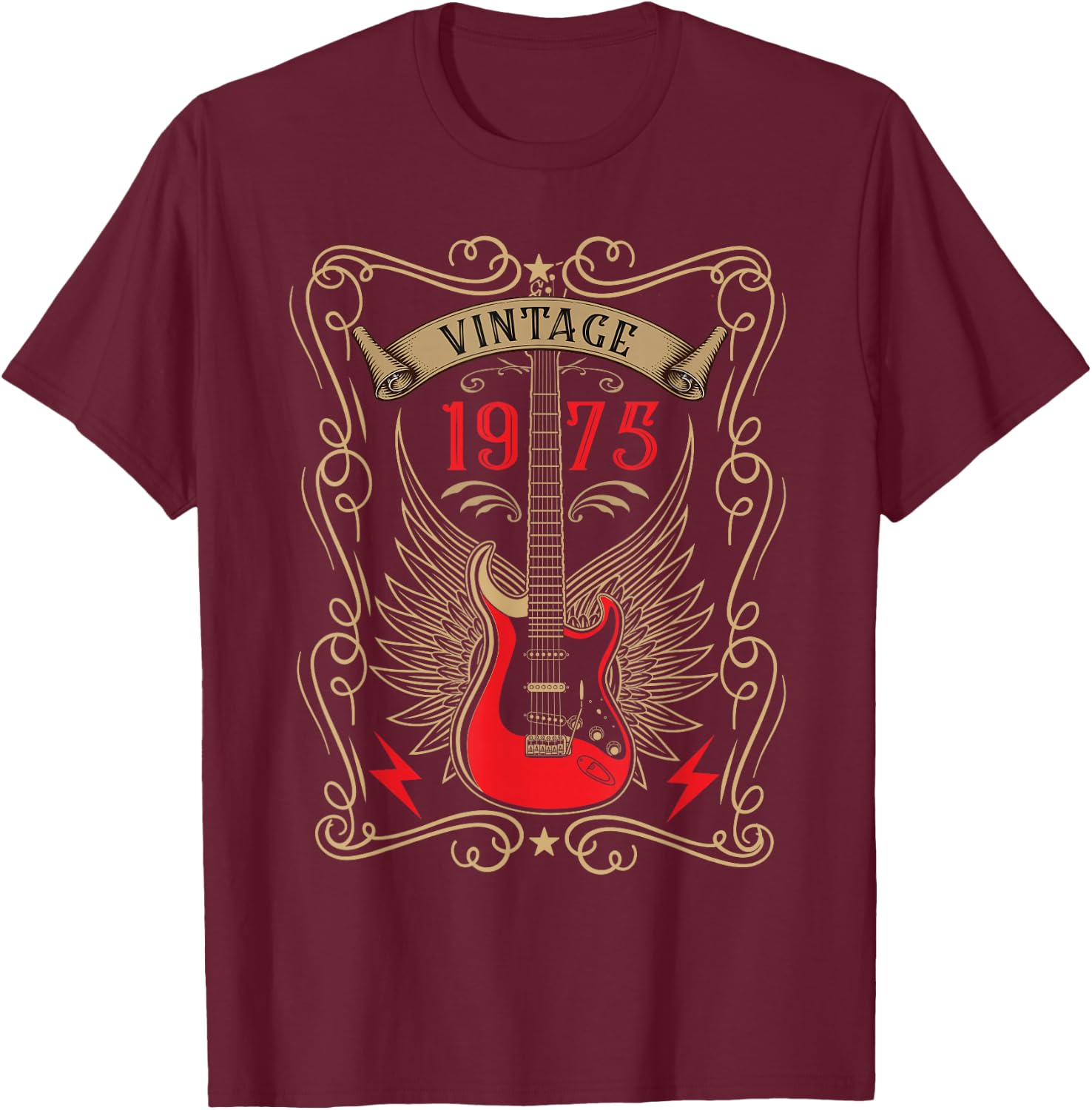 1975 Birth Year Rock Guitar Graphic for Music Lovers T-Shirt - T-Shirt | Maroon