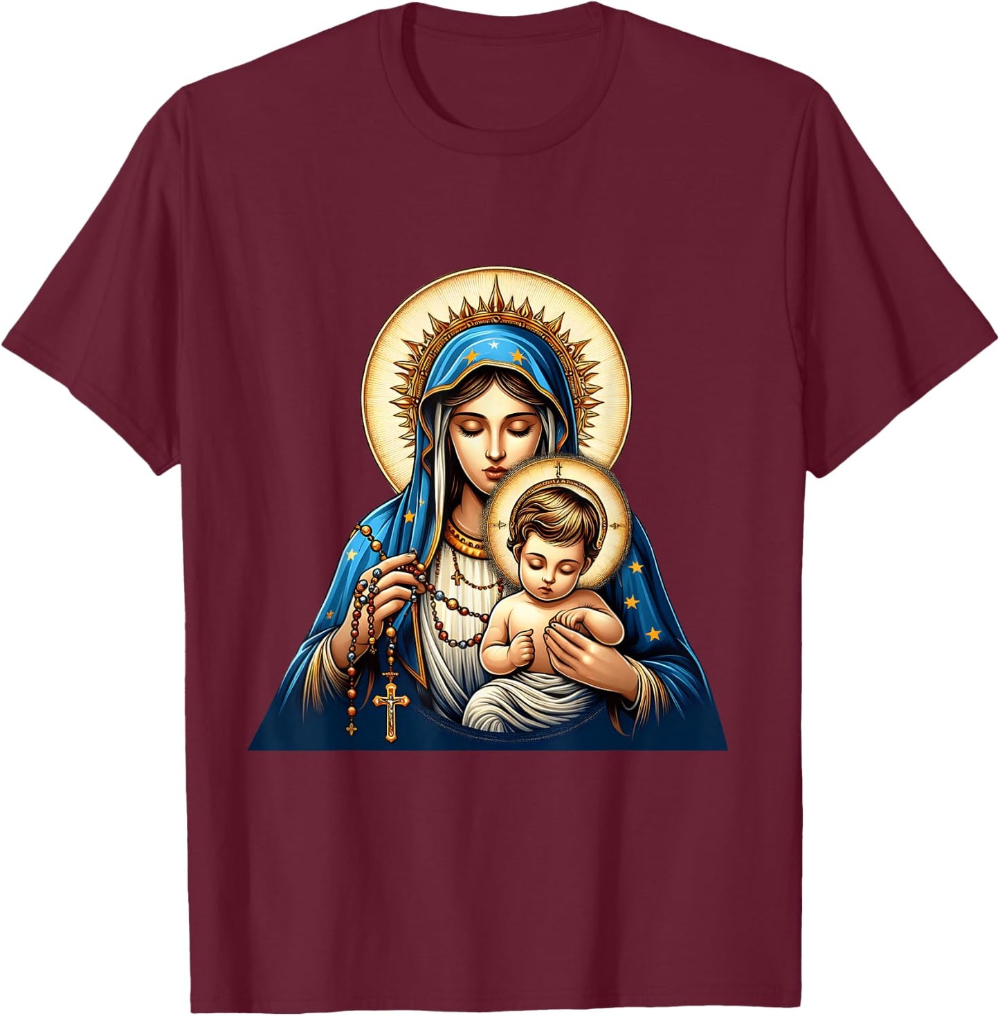 Holy Rosary Virgin Mary Baby Jesus Catholic Rosary Mysteries T-Shirt - T-Shirt | Maroon