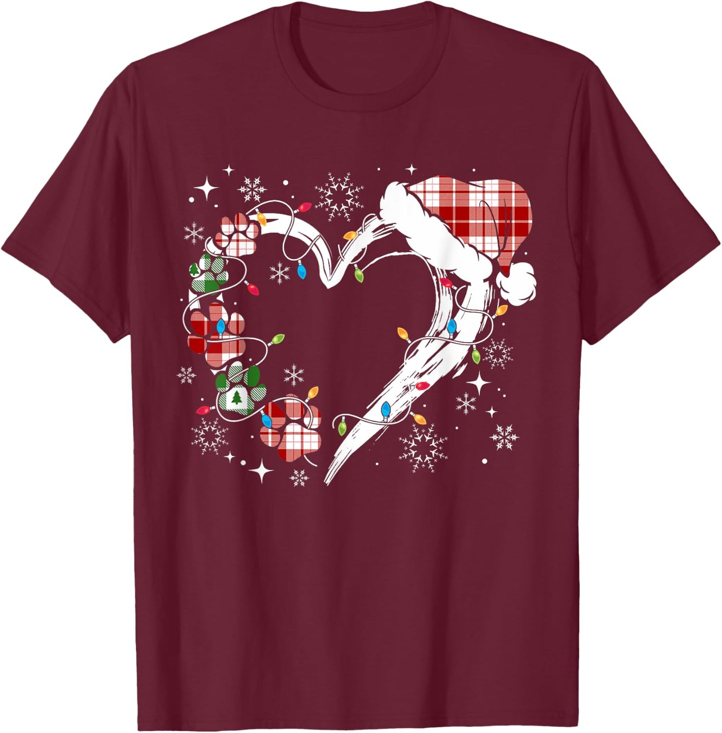 Dog Paw Print Heart Santa Hat Christmas Lights Animal Lover T-Shirt - T-Shirt | Maroon