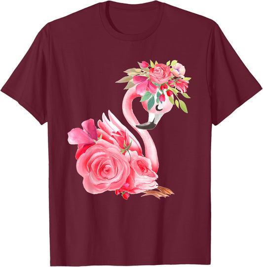Cute Pink Dreaming Girl Baby Flamingo with Flowers Small T-Shirt - T-Shirt | Maroon