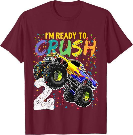 Kids Im Ready to Crush 2 Monster Truck 2nd Birthday Shirt Boys T-Shirt - T-Shirt | Maroon