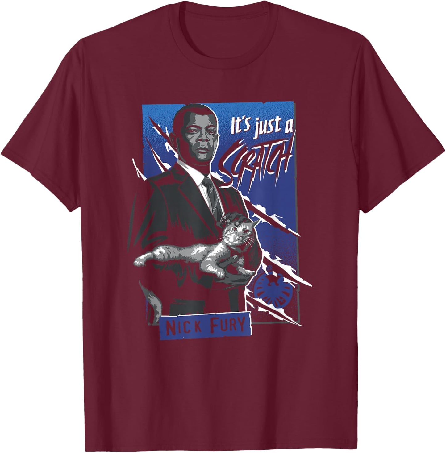 Marvel Captain Marvel Nick Fury and Goose Just a Scratch T-Shirt - T-Shirt | Maroon