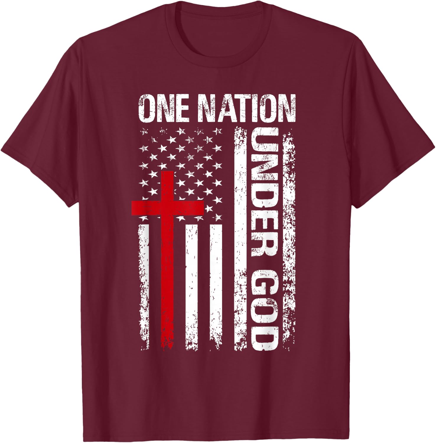 One Nation Under Vintage God Cross Christian American Flag T-Shirt - T-Shirt | Maroon
