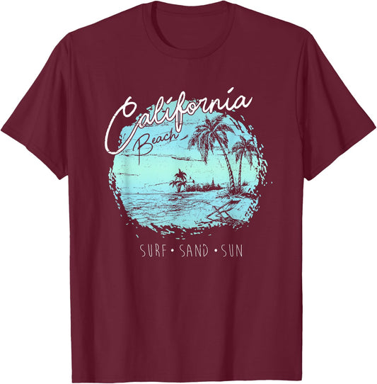 California Beach Vintage Surf Summer Surfer Gift T-Shirt - T-Shirt | Maroon