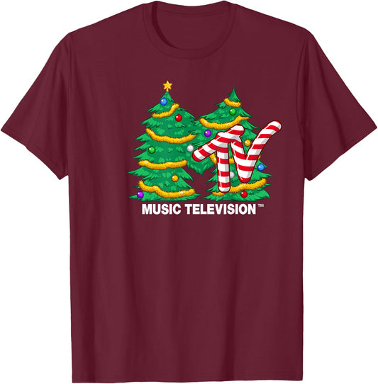 MTV Logo Christmas Tree Graphic T-Shirt - T-Shirt | Maroon