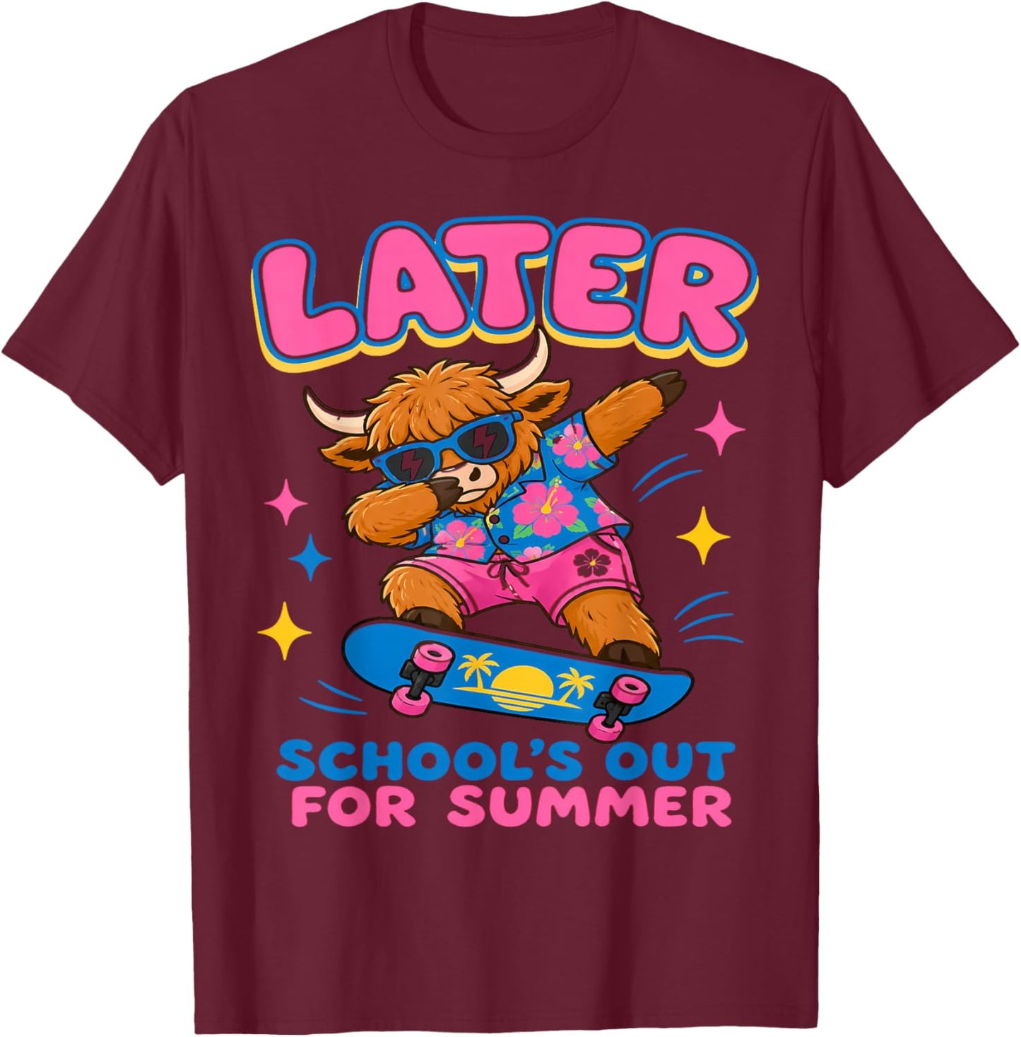 Highland Cow School's Out for Summer Teacher Students T-Shirt - T-Shirt | Maroon