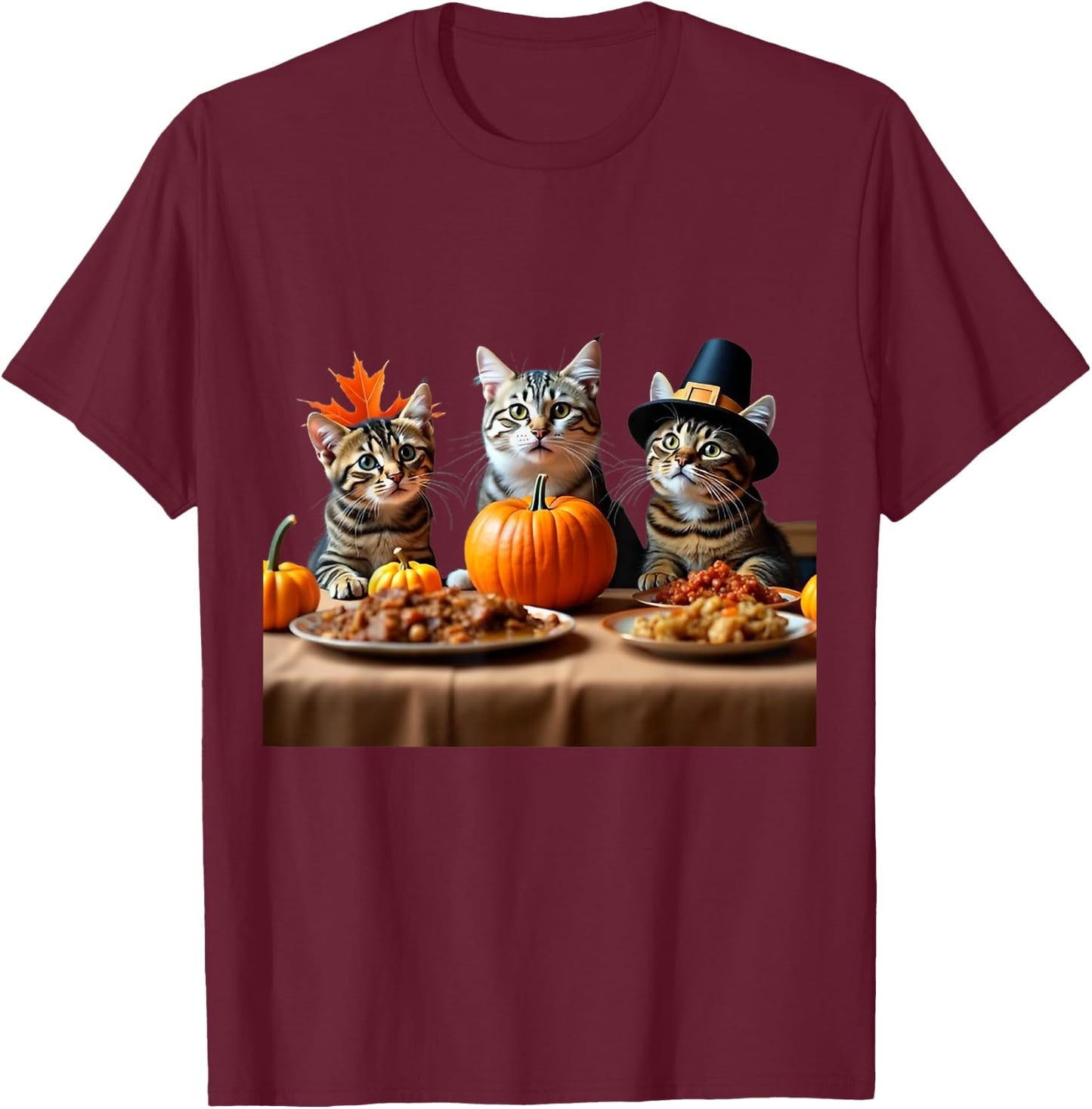 Thanksgiving Cats Dinner Feast Vintage Fall Men Women Kids T-Shirt - T-Shirt | Maroon