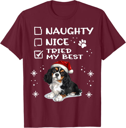 Cute Cavalier King Charles Spaniel Dog Christmas Naughty Men Women Kids T-Shirt - T-Shirt | Maroon