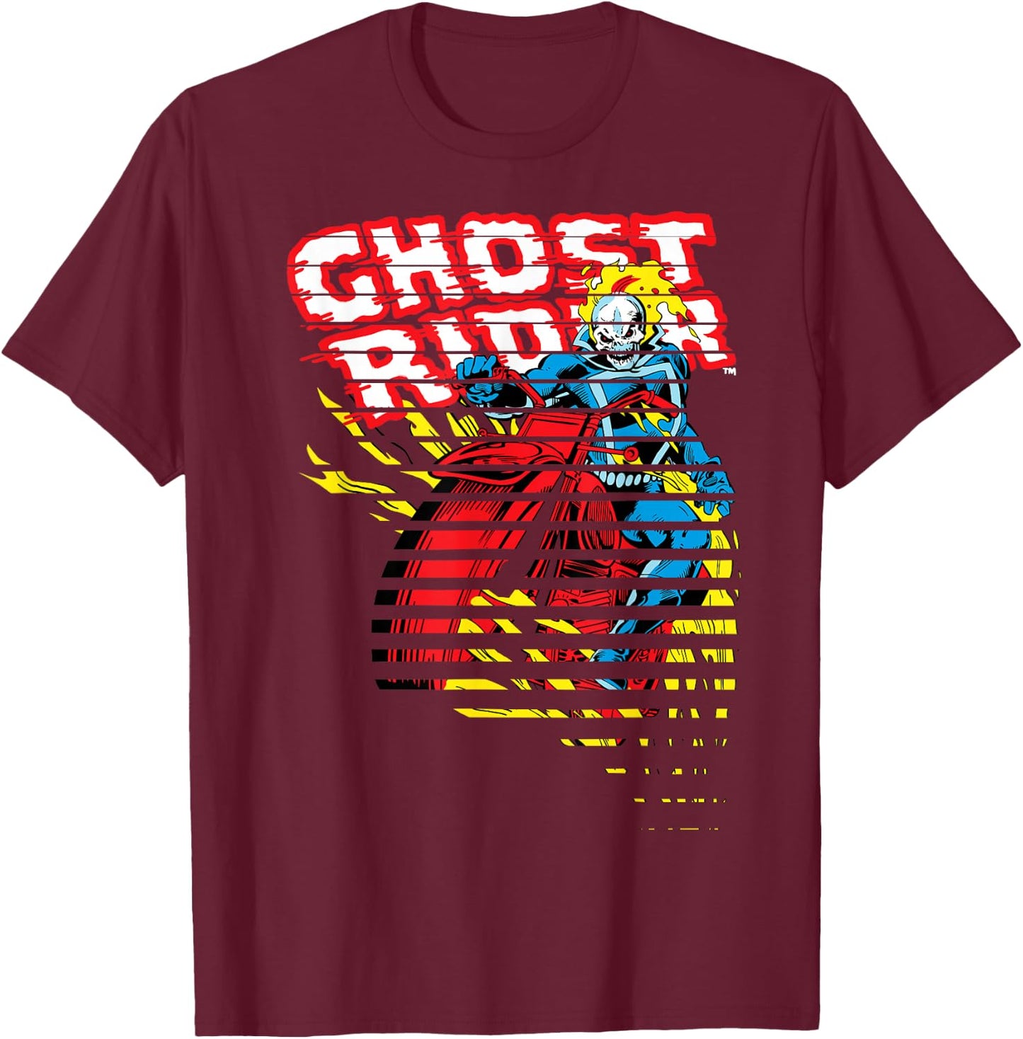 Ghost Rider Motorcyle On Fire Halftoned Split-Up T-Shirt - T-Shirt | Maroon