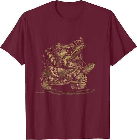 Wildlife Animal Gift Turtle Riding Frog T-Shirt - T-Shirt | Maroon