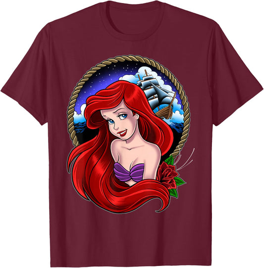 Disney The Little Mermaid Vintage Ariel Sailor Framed Tattoo T-Shirt - T-Shirt | Maroon