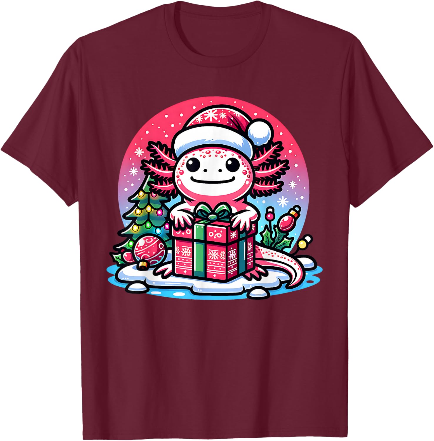 Christmas Axolotl Santa Hat Boy Girl Kids Xmas Axolotl Lover T-Shirt - T-Shirt | Maroon